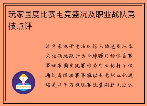 玩家国度比赛电竞盛况及职业战队竞技点评