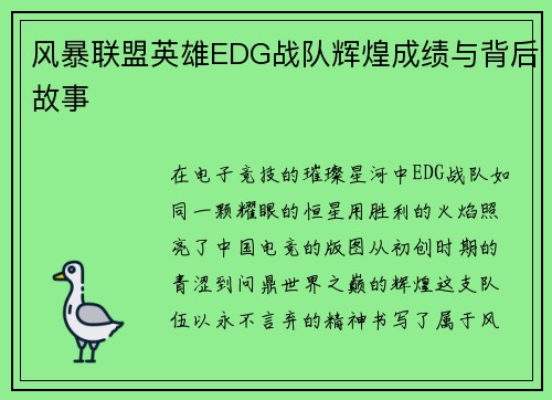 风暴联盟英雄EDG战队辉煌成绩与背后故事