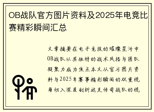 OB战队官方图片资料及2025年电竞比赛精彩瞬间汇总