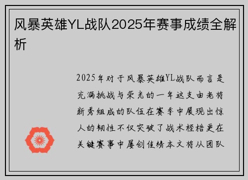 风暴英雄YL战队2025年赛事成绩全解析