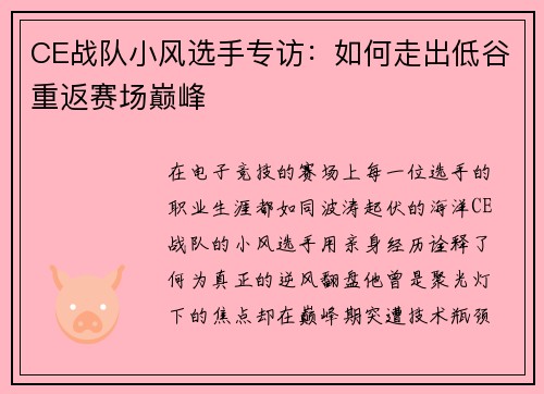 CE战队小风选手专访：如何走出低谷重返赛场巅峰