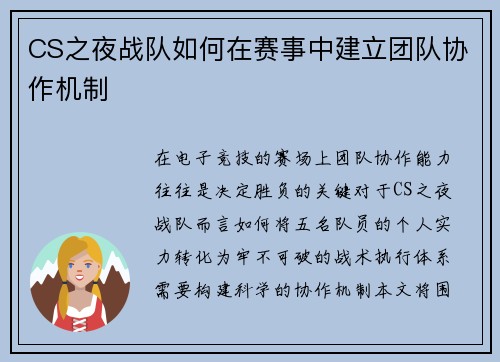 CS之夜战队如何在赛事中建立团队协作机制